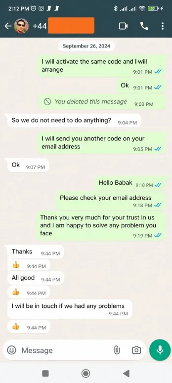 WhatsApp review from a NeoCasterTV customer