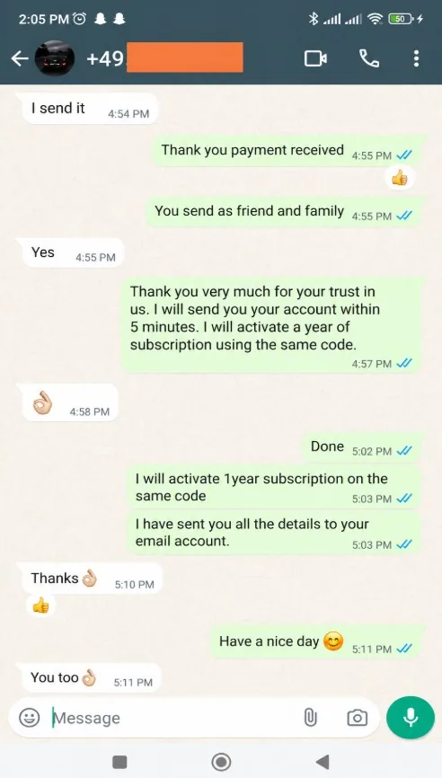 WhatsApp review from a NeoCasterTV customer