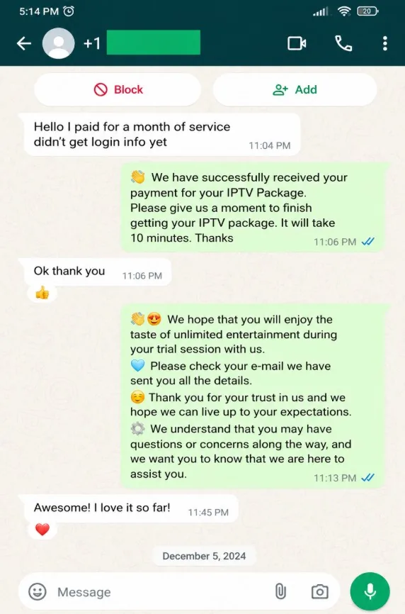 WhatsApp review from a NeoCasterTV customer