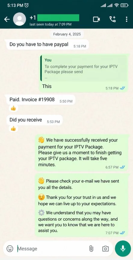 WhatsApp review from a NeoCasterTV customer